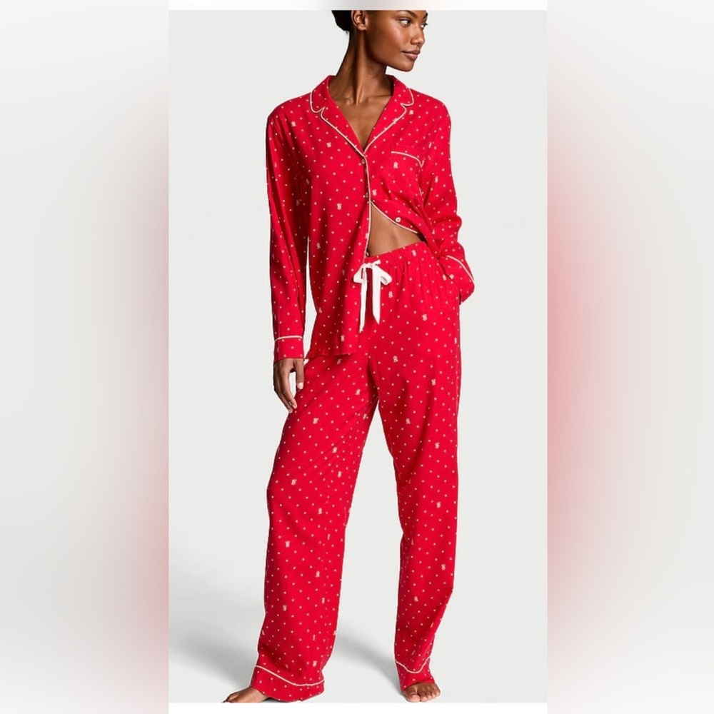 Victoria's Secret Lipstick Red Logo and Polka Dot Flannel Pajama Set